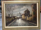 an oil painting of a street scene with a person walking down the street
