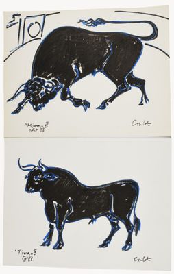 two black and white drawings of a bull and a bull on a white background