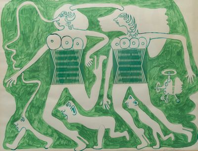 drawing of a group of people in a field with a dog and a cat
