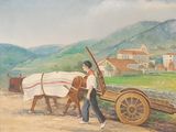 a painting of a man pulling a cart with a horse