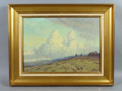 un tableau représentant un paysage avec, au loin, une personne sur une colline