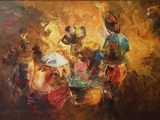 peinture d'un groupe de personnes assises autour d'une table dans une pièce
