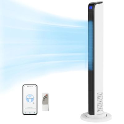 an image of a white tower air purifier next to a cell phone