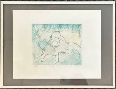 painting of a dog and a cat in a frame on a table