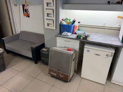 une petite cuisine équipée d'un canapé et d'un réfrigérateur