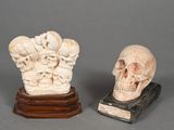 two skulls sitting on top of a book on a table