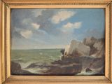 an oil painting of a rocky coast with a boat in the distance
