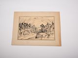 an old drawing of a group of people riding horses in a field