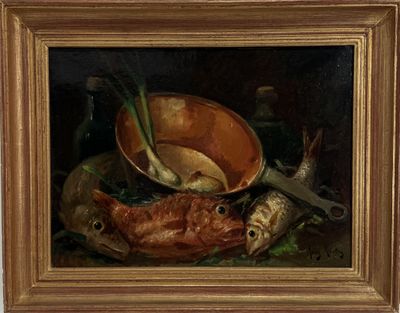 a painting of fish and other food on a table