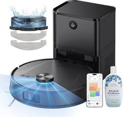 an image of a robotic vacuum cleaner with a bottle of water next to it