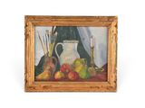 une photo d'une peinture représentant une nature morte avec des pommes et des poires