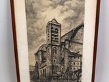 un vieux dessin représentant une église avec un clocher en arrière-plan
