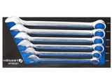 six blue and white wrenches sitting on top of a black surface