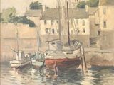 a painting of a boat in a harbor with buildings in the background