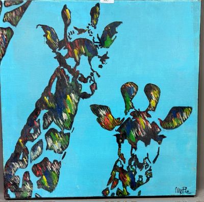 MAOPIE - Deux girafes Huile sur toile Signée en bas à droite