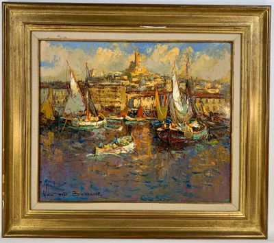 une peinture à l'huile représentant une scène de port avec des voiliers au premier plan