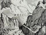 a drawing of a mountain scene with sheep and people