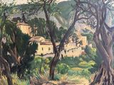 painting of a village in the mountains with trees and a dirt road