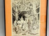 a drawing of a group of people in a wooded area
