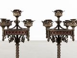 pair of antique brass candelabs with red glass inserts