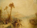 tableau représentant une scène fluviale avec des bateaux et des personnes sur la rive