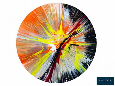 peinture abstraite représentant un objet circulaire multicolore sur fond blanc