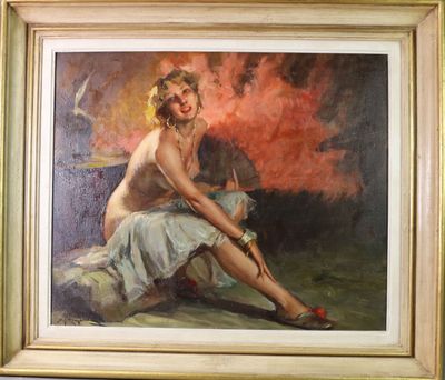 une peinture à l'huile représentant une femme assise sur un rocher, les jambes croisées