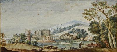 l'image d'un tableau représentant un paysage avec un château au loin