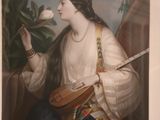an old picture of a woman holding a guitar and a flower