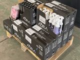 several boxes of assorted items on a pallet in a warehouse
