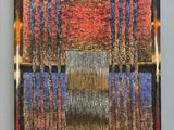 abstract painting of trees in a forest with orange, blue, and yellow colors
