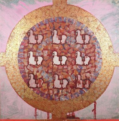 une image représentant un tableau sur lequel figure une croix dorée avec des personnes