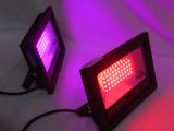 two purple and red led flood lights on a white surface