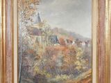 an oil painting of a church on a hill with trees in the foreground