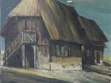 une peinture représentant une grange au bord de la route
