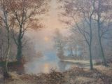 tableau représentant une rivière dans une zone boisée, avec des arbres