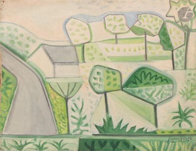 a painting of a road with trees and bushes on it