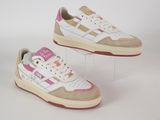 pair of white and pink sneakers sitting on top of a clear acrylic stand