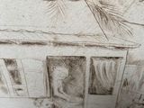 a drawing of a house with a man sitting on the porch