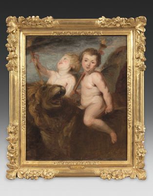 an image of a painting of two children in a landscape