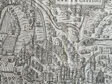 an old map of a town with a river running through it