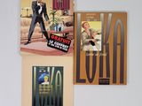 trois affiches représentant un homme en smoking et une femme en smoking
