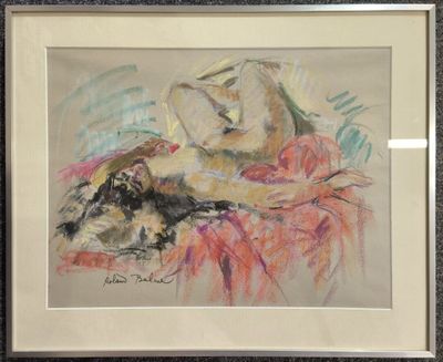 tableau représentant une femme et un chien allongés sur un lit dans une chambre