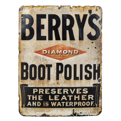 Enseigne publicitaire vintage en émail, "Berry's Boot Polish…