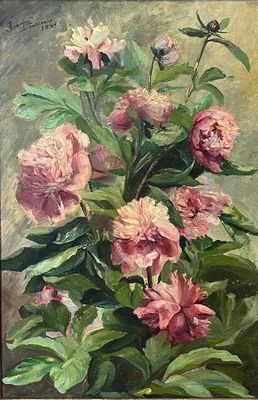 une peinture à l'huile représentant des fleurs roses dans un vase posé sur une table