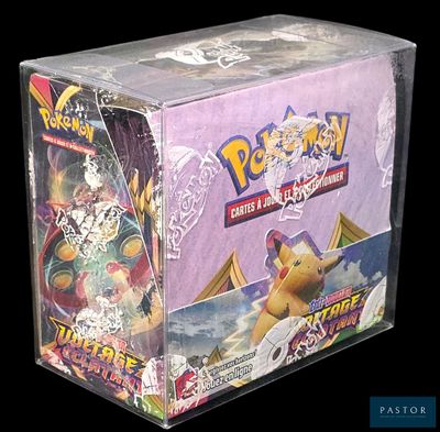 une boîte de jeu de cartes à collectionner Pokémon sur fond noir