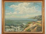 an oil painting of a view of the ocean from a cliff