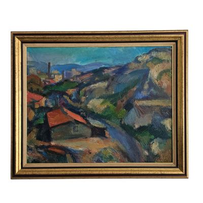 an oil painting of a landscape with houses and a river