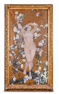 an image of a painting of a nude woman in a tree