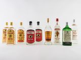 plusieurs types de bouteilles d'alcool alignées sur une surface blanche